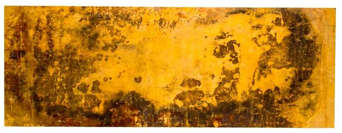 “…A Simple Offering of Earth and Water”, 2023, by Coby Kennedy. Ballistic grade Kevlar®, steel, rust.