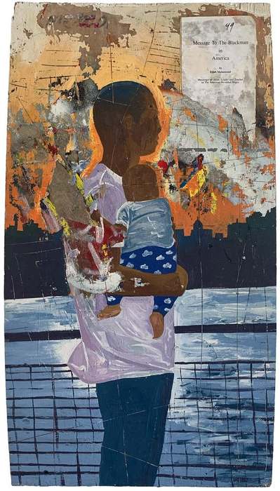 Message to the Black Man in America, 2019, by Bobby K. Hill. Mixed media, paint on repurposed wood.