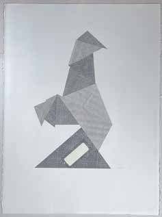 Bird, 2026, by Rachel Hornaday. Collage, printed envelopes, Rives BFK paper.