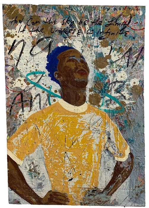The Universe is Infinite, 2019, by Bobby K. Hill. Mixed media, paint on repurposed wood.