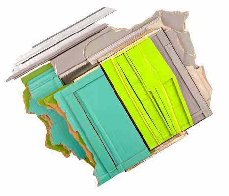 Where-in by Ryan Sarah Murphy: teal, lime and grey cardboard planes layered into a tilted landscape