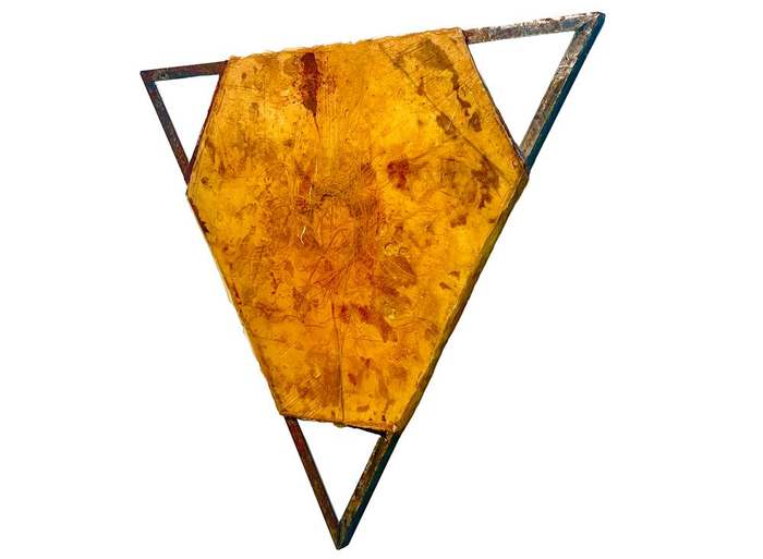 a = 2GMd/R3, 2025, by Coby Kennedy. Ballistic grade Kevlar®, steel, rust, resin, fiberglass.