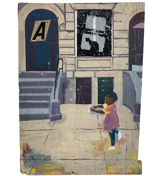 Chasing Bubbles, 2019, by Bobby K. Hill. Mixed media, paint on repurposed wood.