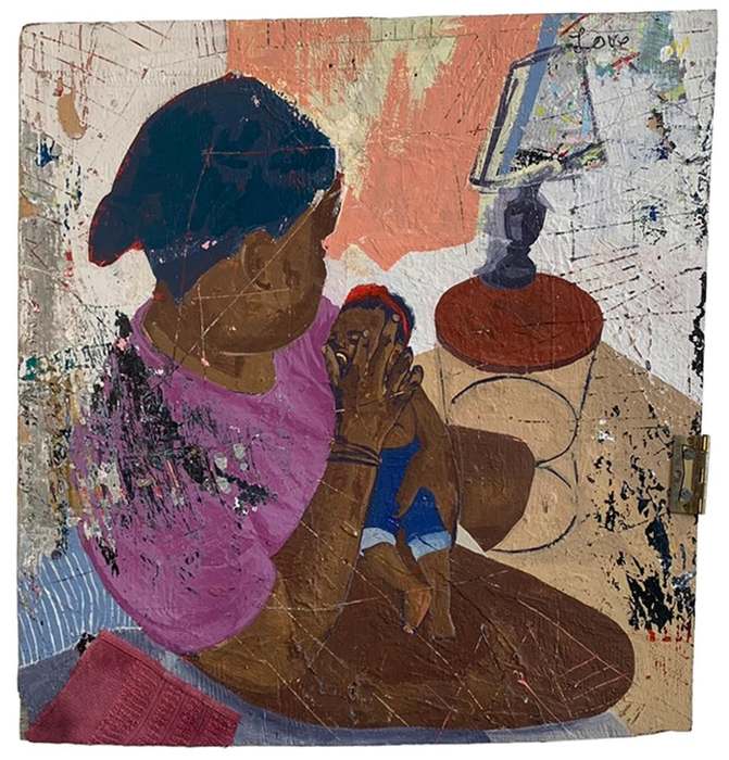 A Mother’s Love, 2019, by Bobby K. Hill. Mixed media, paint on repurposed wood.
