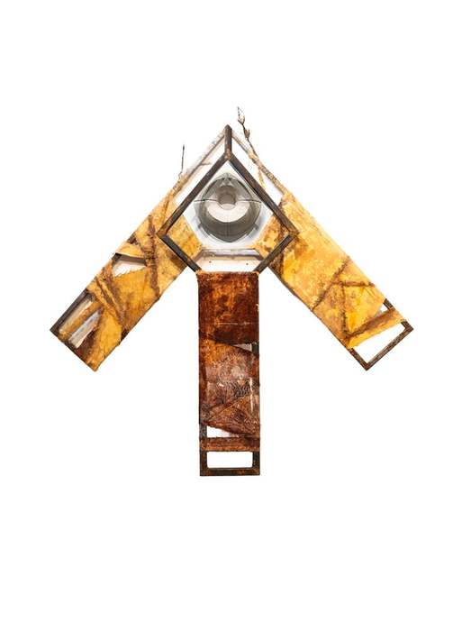 Diaspora Portal – Gate Lock #1, 2025, by Coby Kennedy. Ballistic grade Kevlar®, steel, rust, resin, fiberglass.