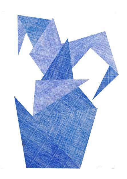 Pan by Rachel Hornaday: blue crosshatched paper triangles assembled into a vase-like form
